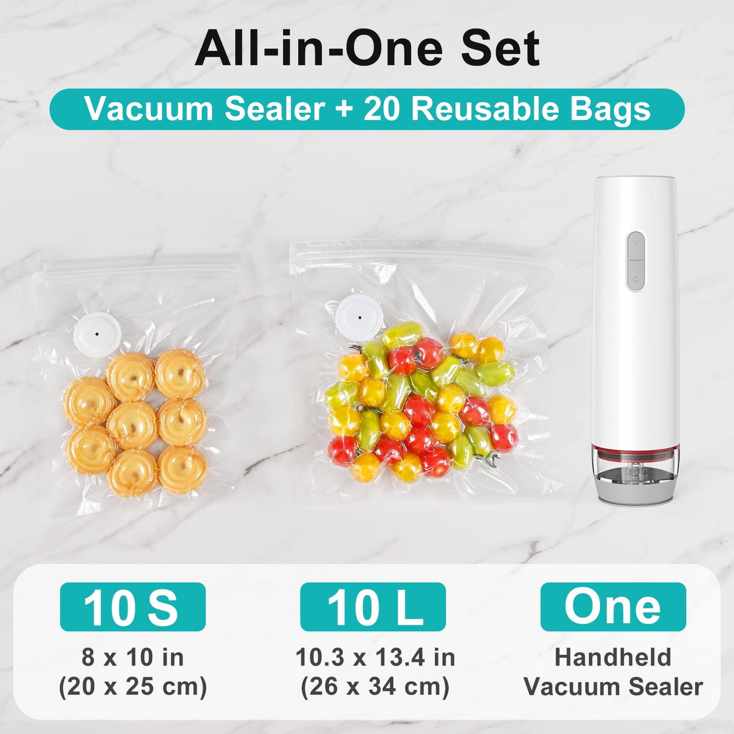 Compact Vacuum Sealer for Food (Powerful Handheld Vacuum Sealer Machine + 20 Reusable Vacuum Bags)