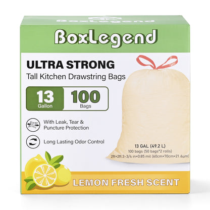 BoxLegend Ultra Strong 13-Gallon Drawstring Tall Kitchen Trash Bags, Lemon Fresh Scent, 100 Bags, Light Yellow
