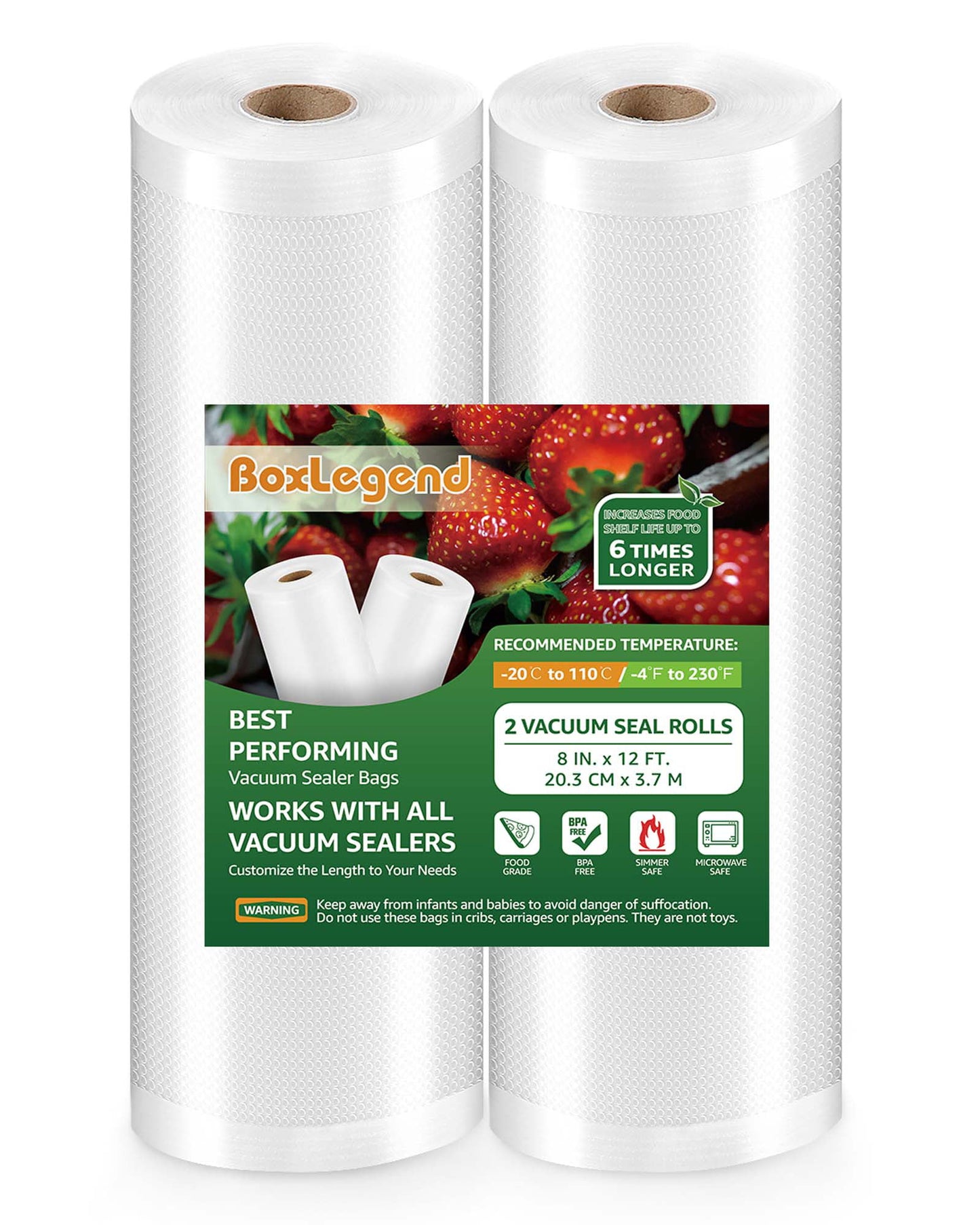 2 Rolls 8" x 12' Vacuum Sealer Bags for Food Saver, Vacuum Seal Bags Rolls Food Storage Bags