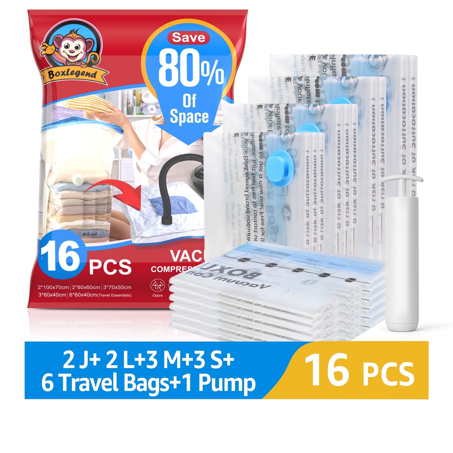 BoxLegend 16 Pack Vacuum Storage Bags Vacuum Seal Bags for Clothing Space Saver Bags with a Hand Pump