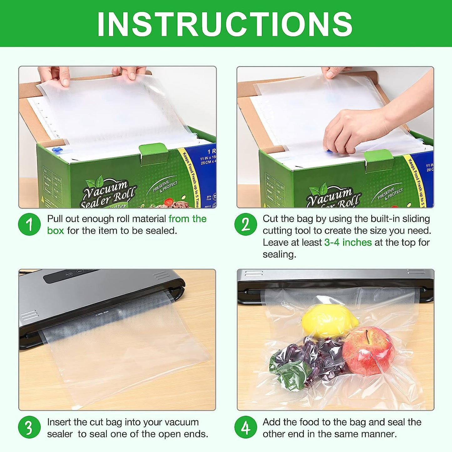 Vacuum Sealer Bags Food Vacuum Seal Bags Roll Keeper with Cutter Dispenser Disposable Storage Bags