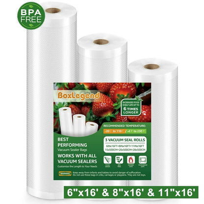 3 Roll Vacuum Sealer Bags 6"x16' & 8"x16' & 11"x16' Multiple Vacuum Seal Bags for Food