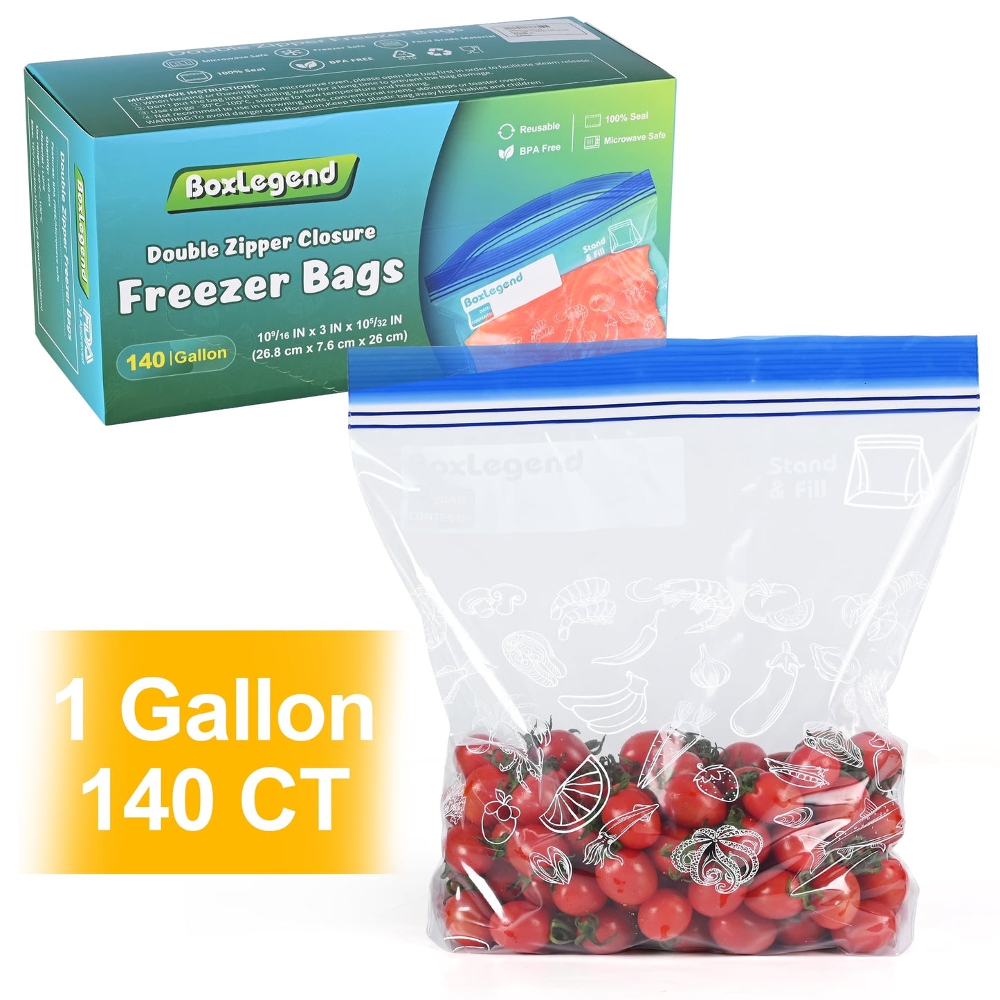 BoxLegend Gallon Food Storage Freezer Bags, New Stay Open Design with Stand-Up Bottom, Easy to Fill, 140 Count