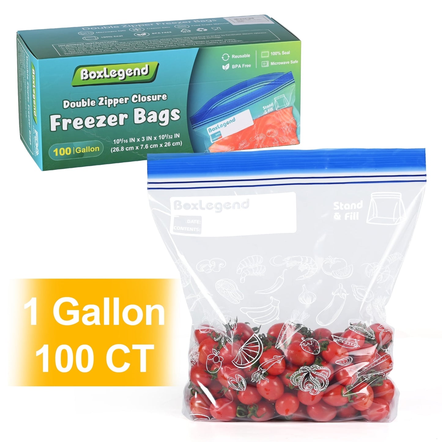 BoxLegend Gallon Food Storage Freezer Bags, New Stay Open Design with Stand-Up Bottom, Easy to Fill, 100 Count