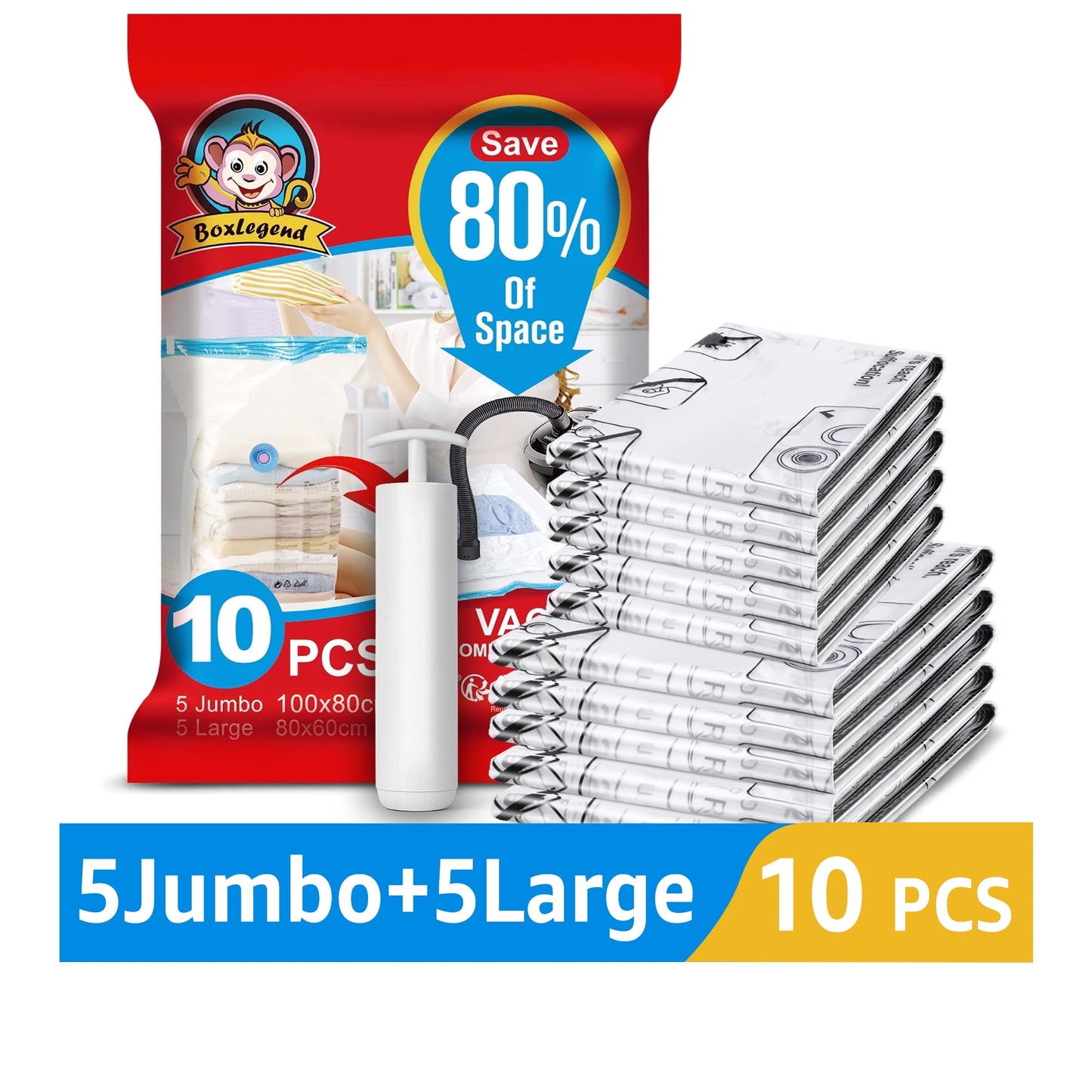 BoxLegend 10 Pack Vacuum Storage Bags for Clothes 5 Jumbo&5 Large Space Saver Compression Bags with a Hand Pump