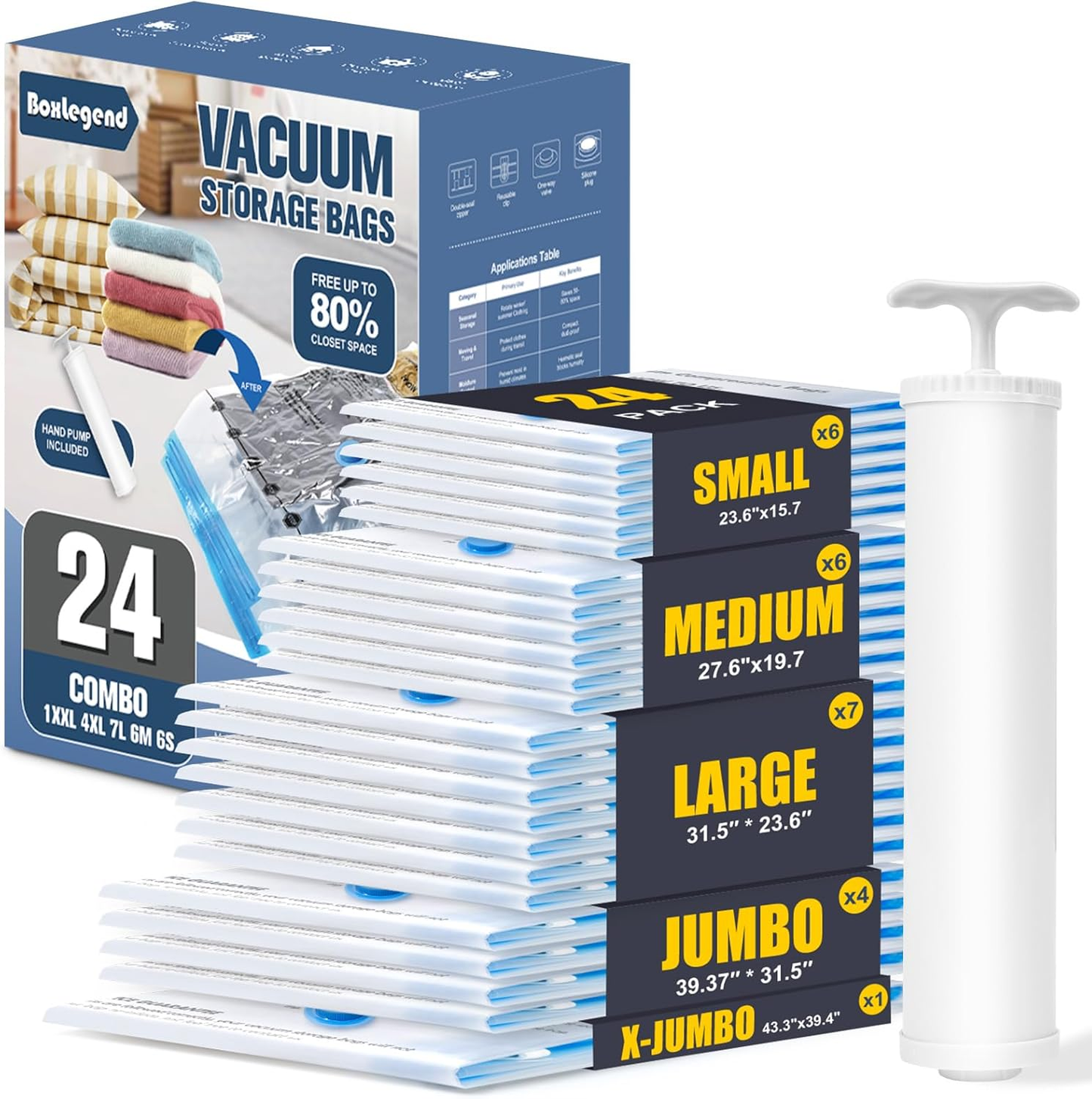 BoxLegend Vacuum Storage Bags with Large Hand Pump 24 Combo / 30 Combo