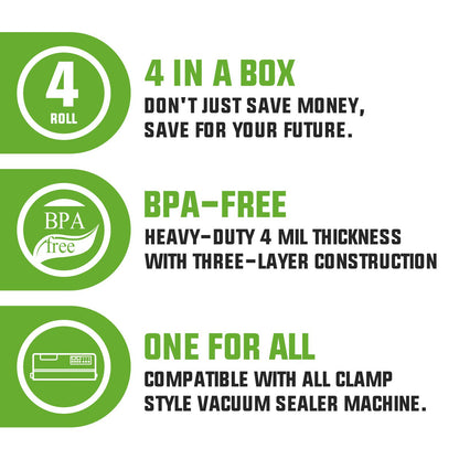 Boxlegend vacuum Sealer Bags 11" x 25' Rolls 4 Pack for Foodsaver, Seal a Meal Vacuum Sealer Fits Inside Machine Storage Area BPA Free Heavy Duty, for Sous Vide or Meal Prep