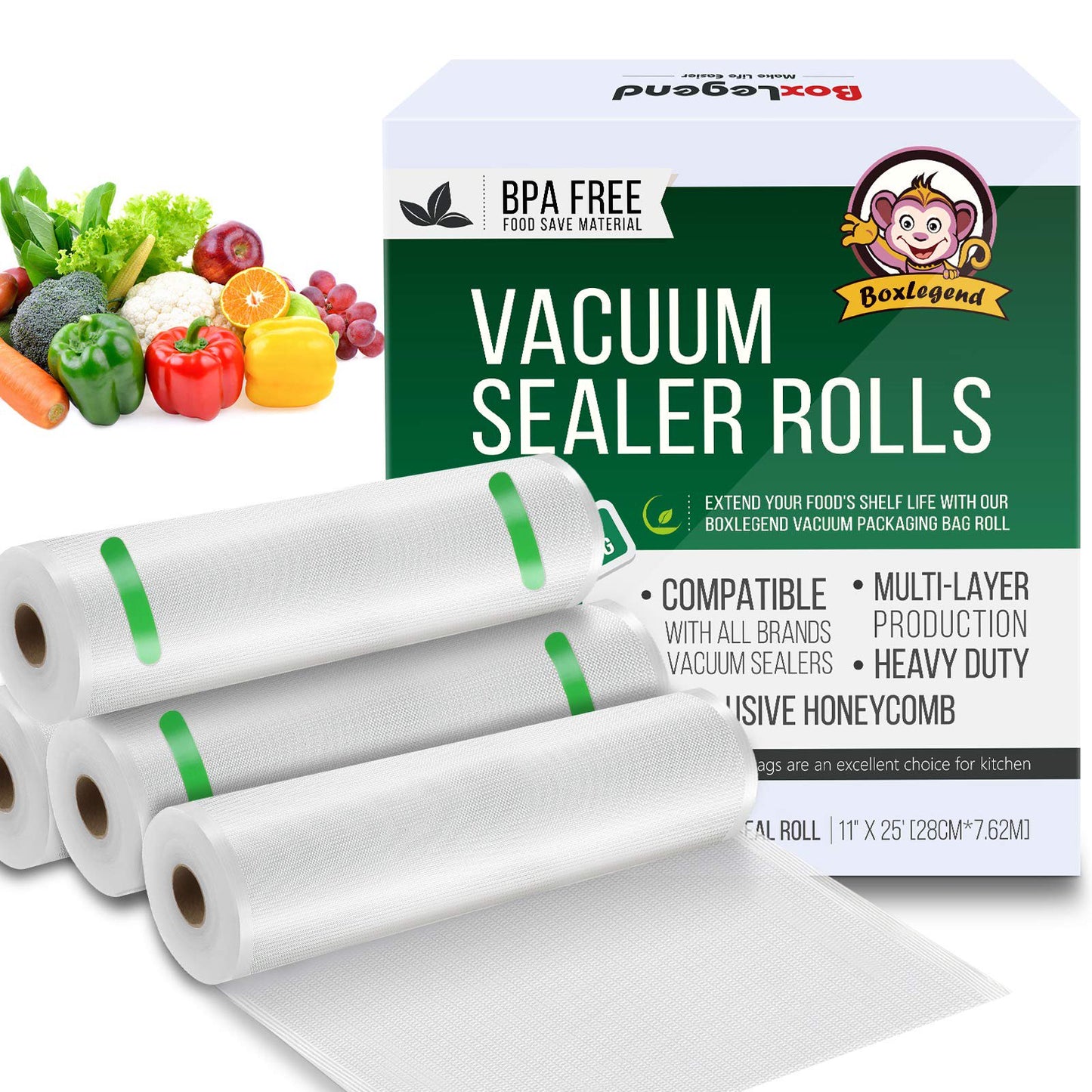 Boxlegend vacuum Sealer Bags 11" x 25' Rolls 4 Pack for Foodsaver, Seal a Meal Vacuum Sealer Fits Inside Machine Storage Area BPA Free Heavy Duty, for Sous Vide or Meal Prep